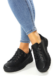 Damskie czarne sznurowane i zapinane półbuty ze skóry naturalnej