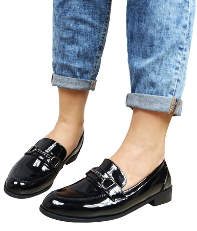 Damskie czarne półbuty z łańcuchem