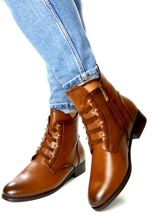 Damskie brązowe krótkie botki na na niskiej podeszwie Potocki