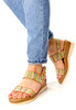 Damskie beżowe mozaika kolorowe materiałowe sandały na koturnie Potocki 