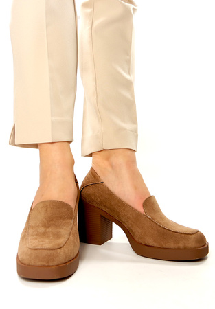 Damskie beżowe khaki zamsz półbuty wysoki słupek Potocki