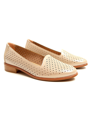 Damskie beżowe półbuty czółenka ażurowe na klocku Potocki