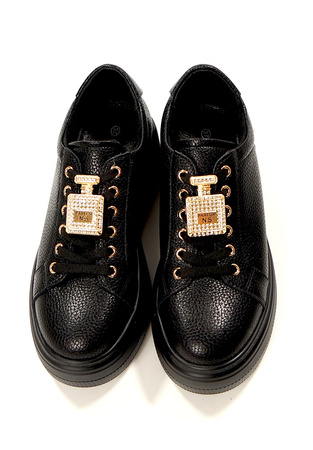 Damskie czarne skórzane obuwie sportowe półbuty na wysokiej platformie