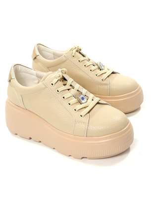 Damskie beżowe skórzane obuwie sportowe półbuty na wysokiej platformie