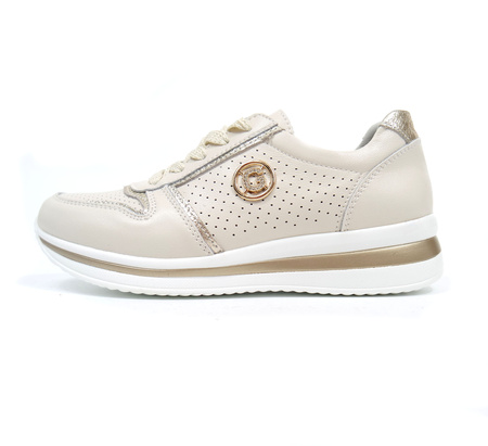 Damskie beżowe skórzane obuwie sportowe koturn