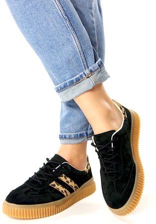 Damskie czarne lekkie skórzane obuwie sportowe półbuty z panterką