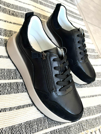 Damskie czarne sneakersy obuwie sportowe ze skóry naturalnej na wyższej platformie