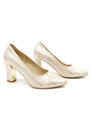 Damskie złote eleganckie czółenka słupek wyższe