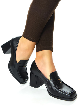 Damskie czarne półbuty kwadratowe na słupku 12710 Potocki
