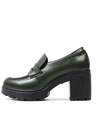 Damskie ciemnozielone półbuty słupek Potocki