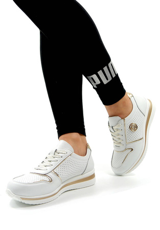 Damskie białe skórzane obuwie sportowe koturn