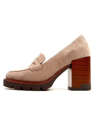 Damskie beżowe półbuty czółenka na szerokim wysokim słupkuPotocki