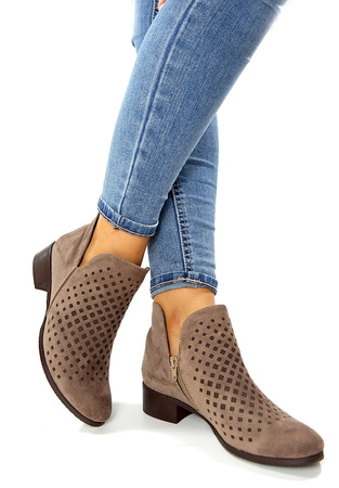 Damskie krótkie botki taupe ciemny beż na suwak na niskiej podeszwie