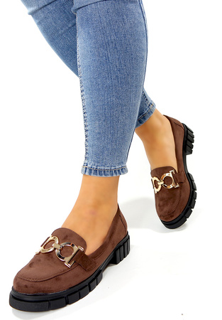 Damskie zamszowe czekoladowy brąz półbuty ze sprzączką