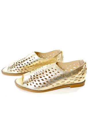 Damskie złote zabudowane ażurowe sandały z zamkiem