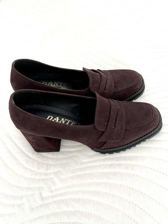 Damskie czekoladowe brązowe zamszowe półbuty słupek