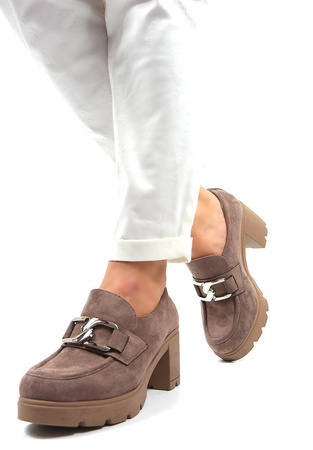 Damskie beżowe khaki zamszowe półbuty słupek Potocki