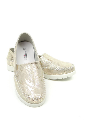 Damskie beżowe złote mokasyny półbuty skóra naturalna