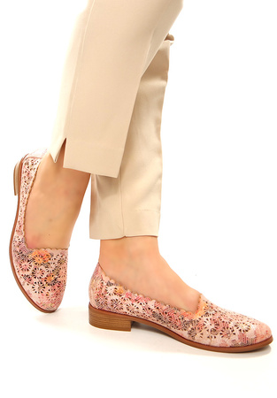 Damskie różowe pudrowe kwiaty półbuty czółenka ażurowe na klocku Potocki