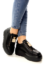 Damskie czarne skórzane obuwie sportowe półbuty na wysokiej platformie