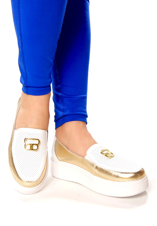 Damskie białe lekkie szersze skórzane półbuty na platformie