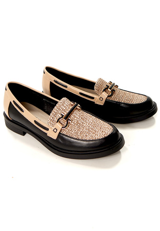 Damskie czarno-beżowe półbuty mokasyny niski klocek