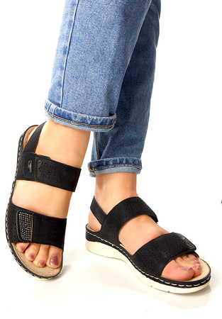 Damskie czarne sandały na koturnie na rzep Potocki