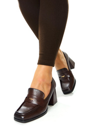 Damskie brązowe czekoladowe półbuty kwadratowe na słupku 12710 Potocki