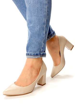 Damskie beżowe cieliste satynowe półbuty na słupku Sergio Leone