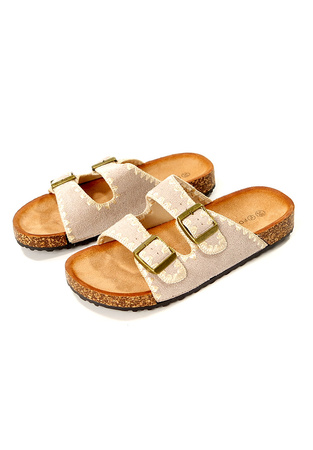 Damskie beżowe klapki z paskami na korku Potocki