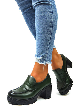 Damskie ciemnozielone półbuty słupek Potocki
