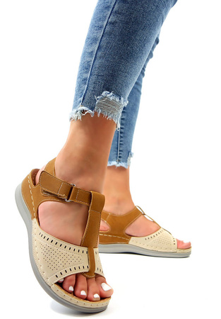 Damskie beżowe brązowe sandały koturn