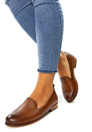 Damskie brązowe gładkie półbuty baleriny na niskim klocku  Potocki