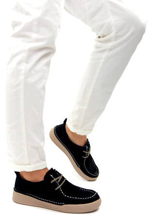 Damskie czarne wiązane półbuty mokasyny ze skóry naturalnej