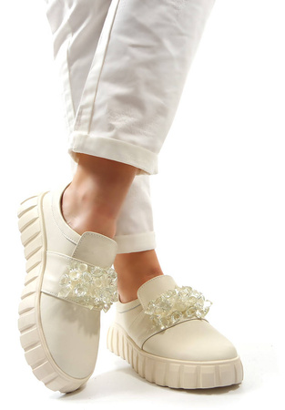 Damskie beżowe półbuty z kryształkami skóra