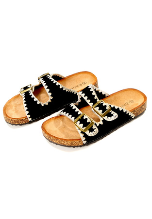 Damskie czarne klapki z paskami na korku Potocki