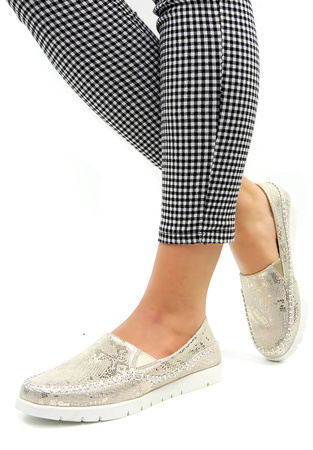 Damskie beżowe złote mokasyny półbuty skóra naturalna