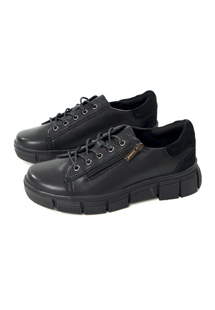 Damskie czarne sznurowane i zapinane półbuty ze skóry naturalnej