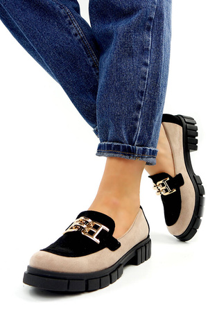 Damskie czarno beżowe półbuty klocek