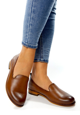 Damskie brązowe gładkie półbuty baleriny na niskim klocku  Potocki