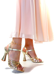 Damskie złote wygodne sandały na modnym kielichowym słupku z paskami