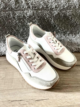 Damskie biało zielone sneakersy obuwie sportowe ze skóry naturalnej na wyższej platformie