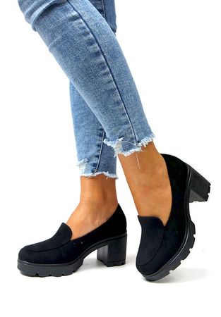 Damskie czarne zamszowe gładkie półbuty słupek Potocki