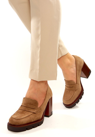 Damskie brązowe półbuty czółenka na szerokim wysokim słupkuPotocki