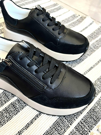 Damskie czarne sneakersy obuwie sportowe ze skóry naturalnej na wyższej platformie