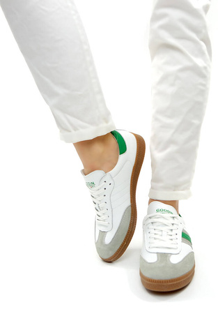 Damskie białe zielone skórzane obuwie sportowe płaskie