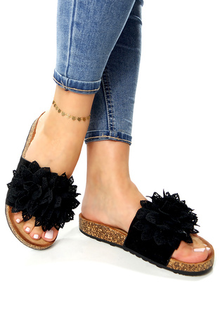 Damskie czarne klapki kwiaty Potocki