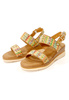 Damskie beżowe mozaika kolorowe materiałowe sandały na koturnie Potocki 