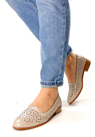 Damskie różowe pudrowe kwiaty półbuty czółenka ażurowe na klocku Potocki