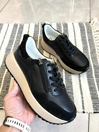 Damskie czarne sneakersy obuwie sportowe ze skóry naturalnej na wyższej platformie